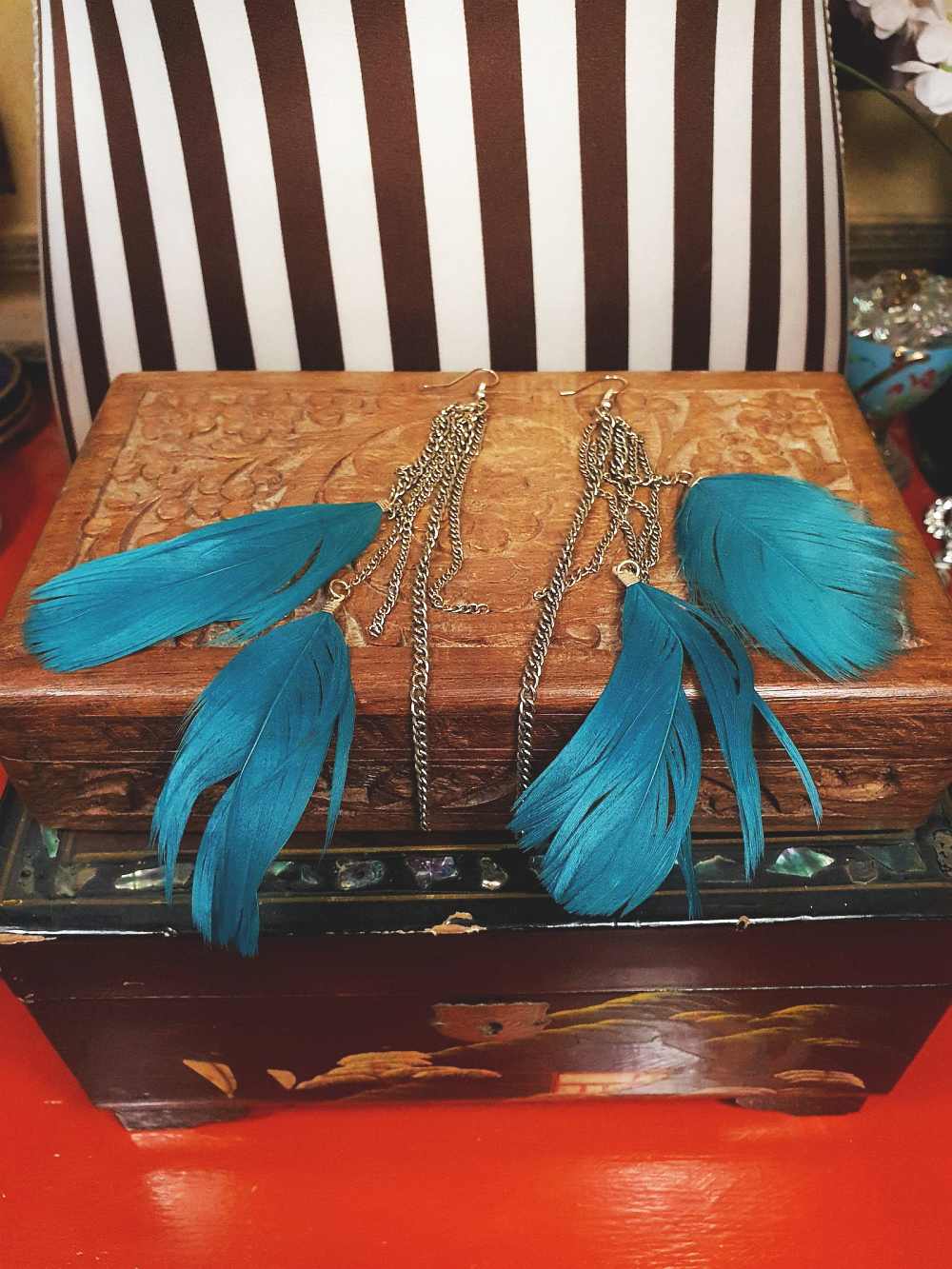 Vintage 1980s Turquoise Blue Feather Earrings Statement Dangle Drop