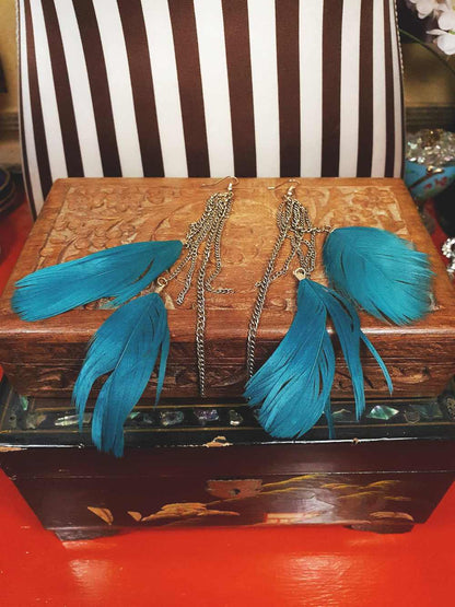 Vintage 1980s Turquoise Blue Feather Earrings Statement Dangle Drop