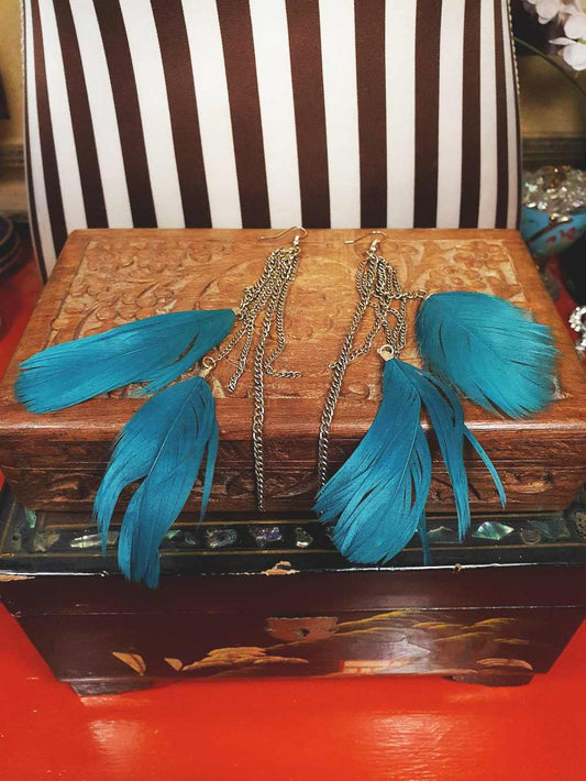 Vintage 1980s Turquoise Blue Feather Earrings Statement Dangle Drop