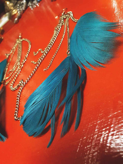 Vintage 1980s Turquoise Blue Feather Earrings Statement Dangle Drop