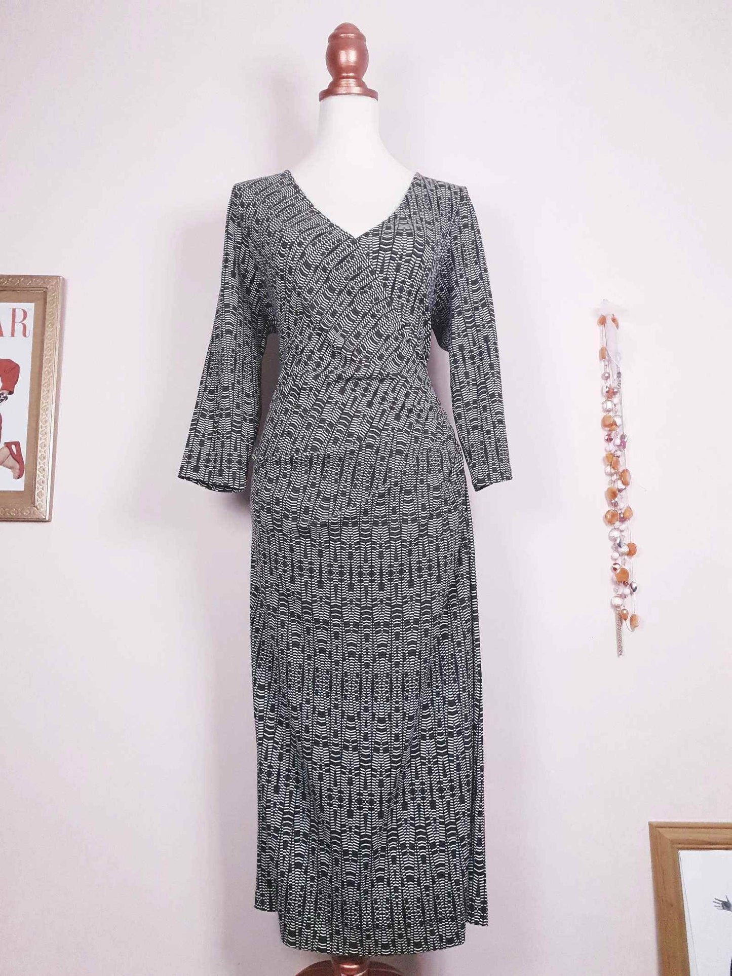 Vintage 90s Jaeger Wrap Dress - Size 12/14 Black White Geometric
