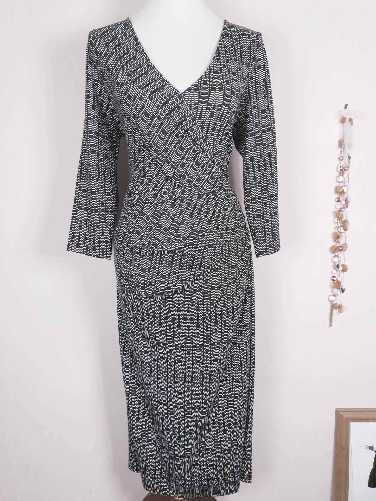 Vintage 90s Jaeger Wrap Dress - Size 12/14 Black White Geometric