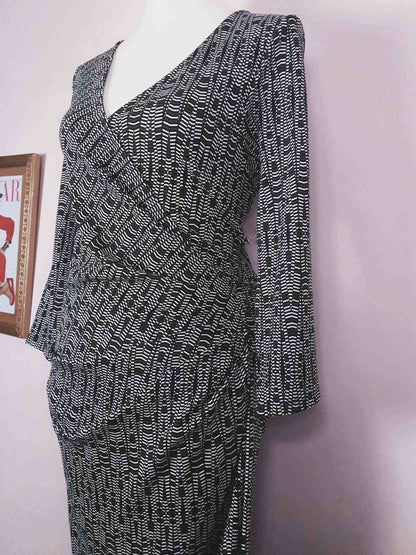 Vintage 90s Jaeger Wrap Dress - Size 12/14 Black White Geometric