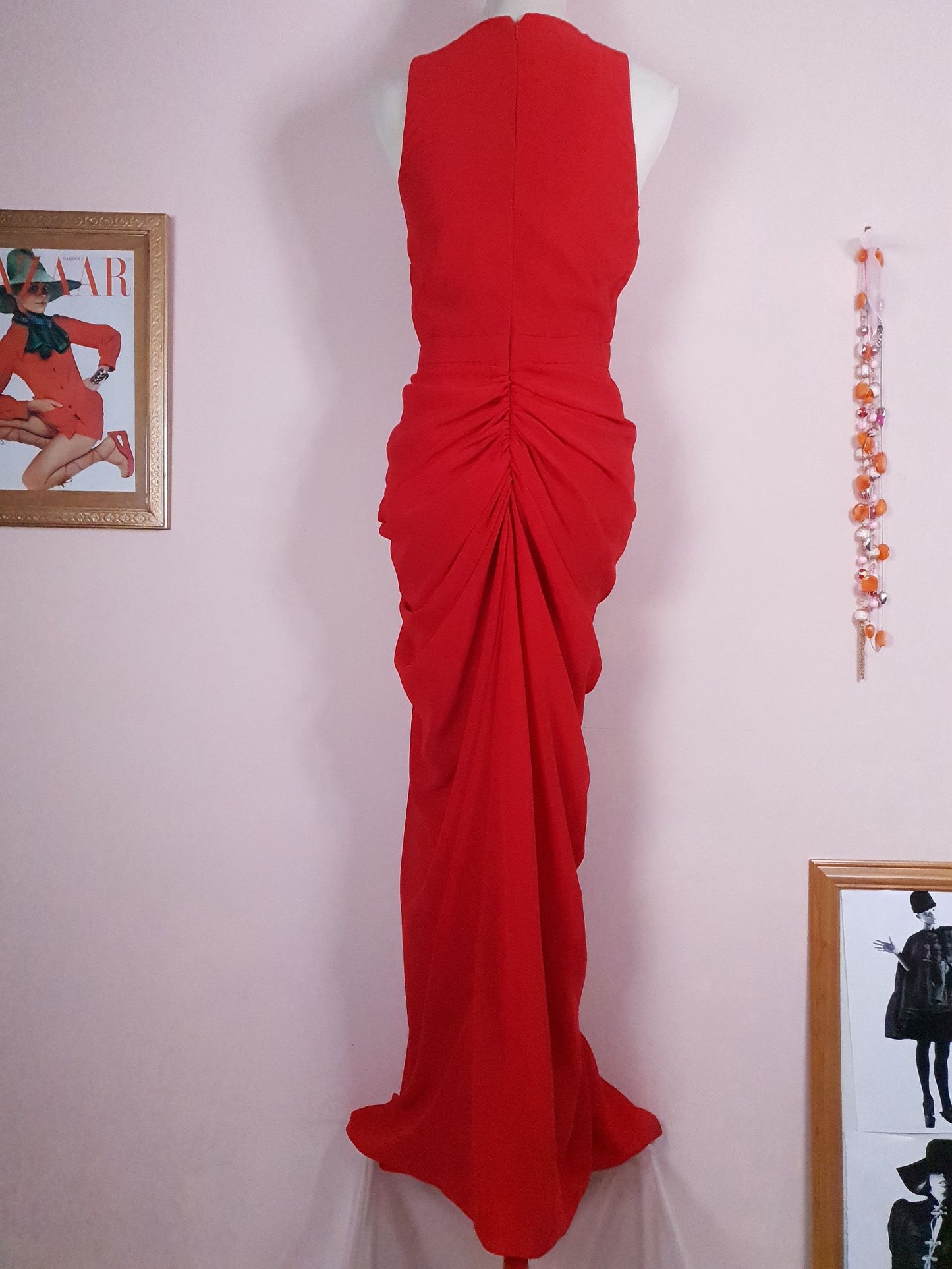 Glamorous 1990s Red Chiffon Evening Gown Dress - Size 8/10