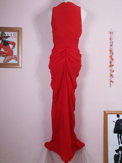 Glamorous 1990s Red Chiffon Evening Gown Dress - Size 8/10