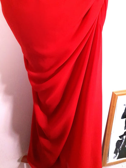 Glamorous 1990s Red Chiffon Evening Gown Dress - Size 8/10