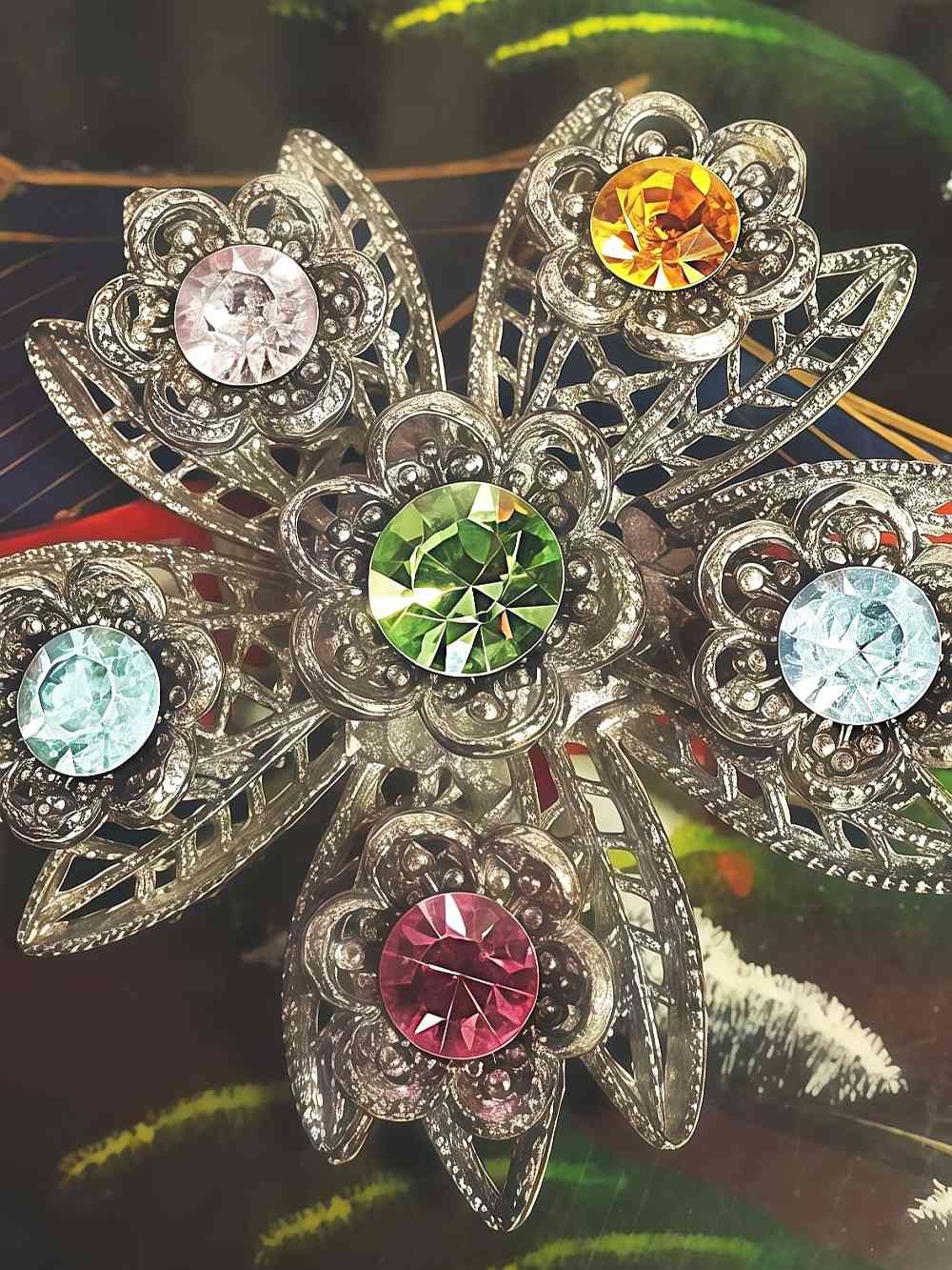 Vintage 1960s Rhinestone Flower Brooch Filigree Victorian Revival