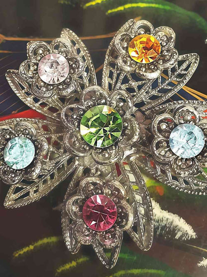 Vintage 1960s Rhinestone Flower Brooch Filigree Victorian Revival