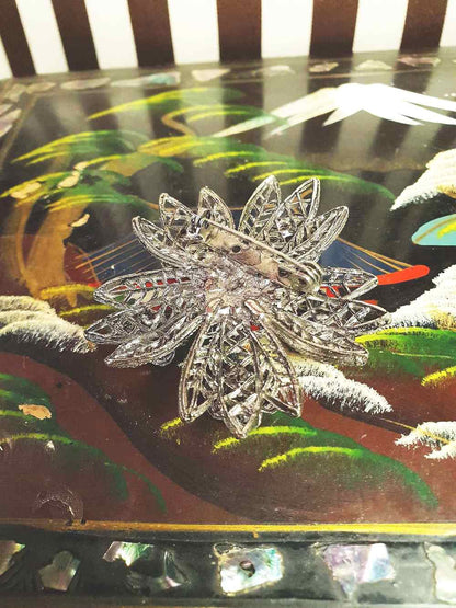 Vintage 1960s Rhinestone Flower Brooch Filigree Victorian Revival