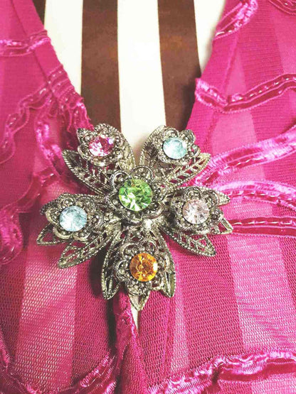 Vintage 1960s Rhinestone Flower Brooch Filigree Victorian Revival