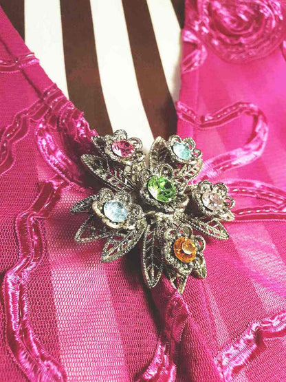 Vintage 1960s Rhinestone Flower Brooch Filigree Victorian Revival