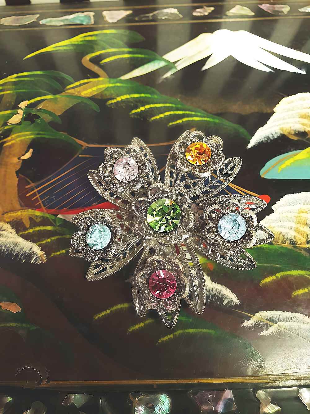 Vintage 1960s Rhinestone Flower Brooch Filigree Victorian Revival