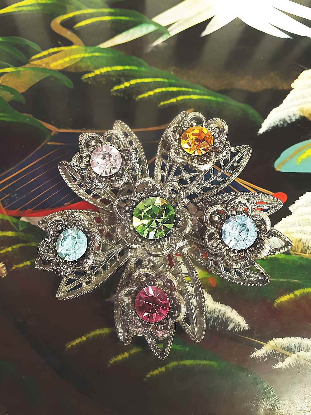 Vintage 1960s Rhinestone Flower Brooch Filigree Victorian Revival