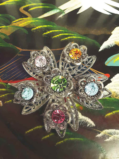 Vintage 1960s Rhinestone Flower Brooch Filigree Victorian Revival