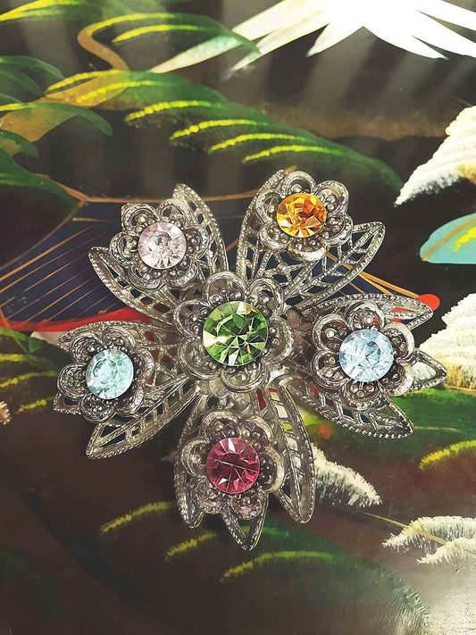 Vintage 1960s Rhinestone Flower Brooch Filigree Victorian Revival