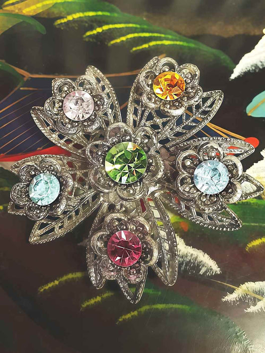 Vintage 1960s Rhinestone Flower Brooch Filigree Victorian Revival