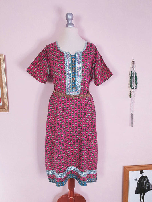 Vintage 1970s Pink Cotton Boho Kaftan Bohemian Caftan Retro Ladies