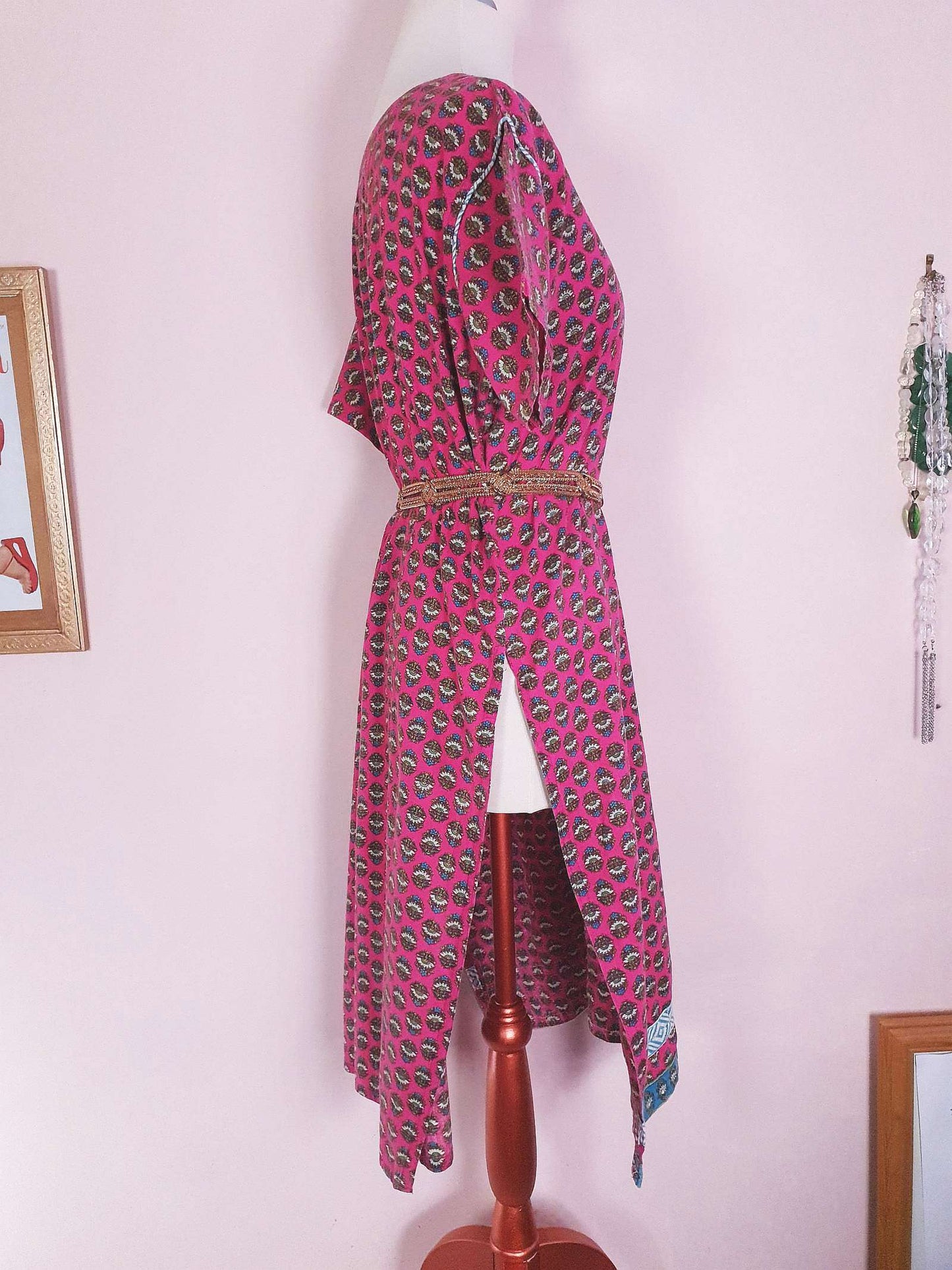 Vintage 1970s Pink Cotton Boho Kaftan Bohemian Caftan Retro Ladies
