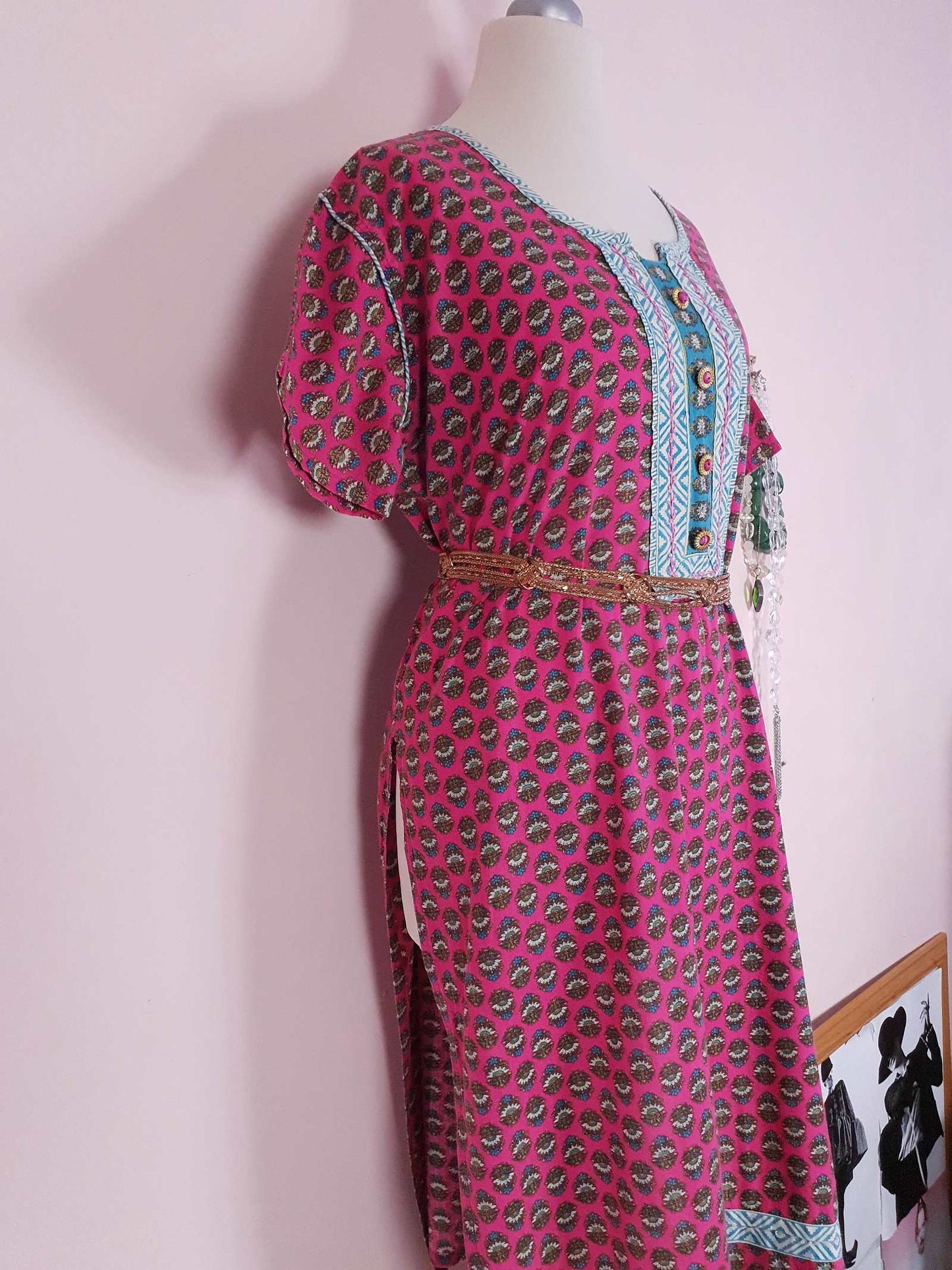 Vintage 1970s Pink Cotton Kaftan Bohemian Caftan Boho Retro Oversize