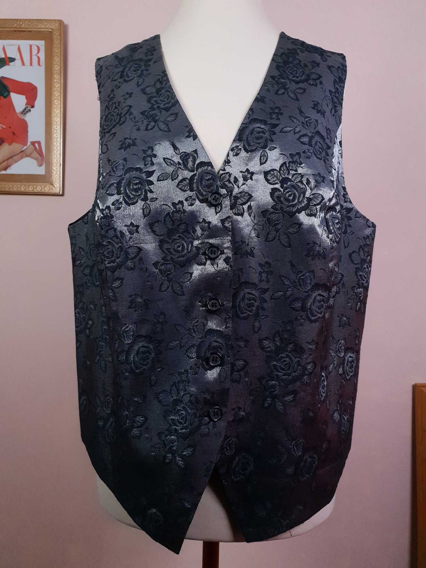 Vintage Black & Silver Rose Waistcoat Vest 1980s Oversize