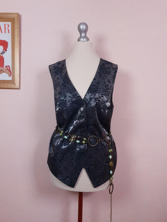 Vintage Black & Silver Rose Waistcoat Vest 1980s Oversize