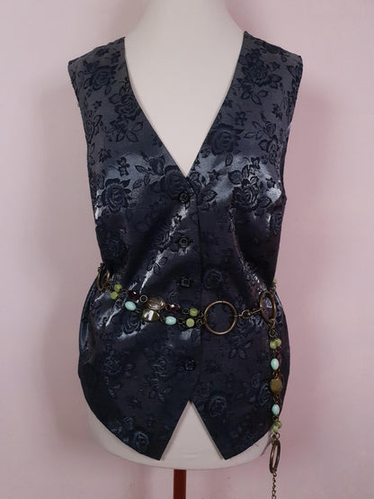 Vintage Black & Silver Rose Waistcoat Vest 1980s Oversize
