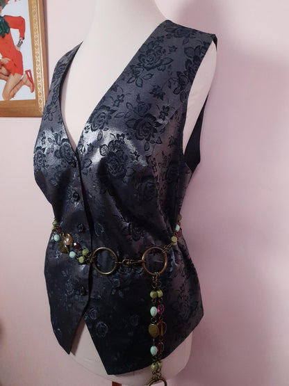 Vintage Black & Silver Rose Waistcoat Vest 1980s Oversize