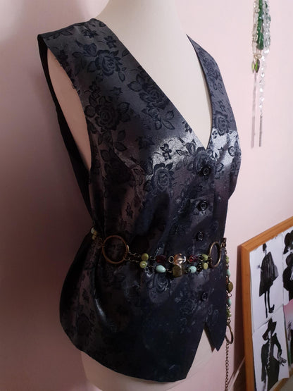 Vintage Black & Silver Rose Waistcoat Vest 1980s Oversize