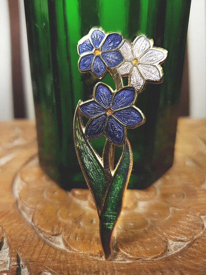 Vintage 1980s Floral Cloisonne Brooch Flower Gold Tone