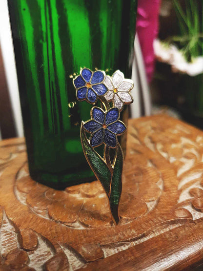 Vintage 1980s Floral Cloisonne Brooch Flower Gold Tone