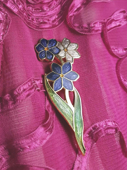 Vintage 1980s Floral Cloisonne Brooch Flower Gold Tone