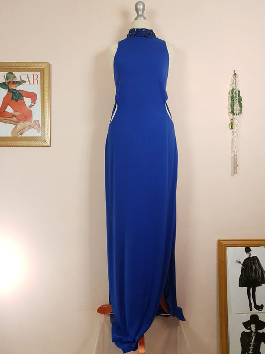 Vintage 1980s Blue Cocktail Dress Beaded Evening Gown Size 12/14 Party Maxi