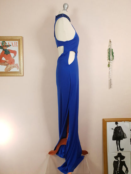 Vintage 1980s Blue Cocktail Dress Beaded Evening Gown Size 12/14 Party Maxi