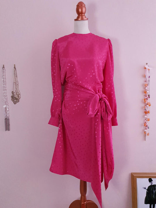 Vintage Cerise Pink Bow Dress Size 14 1980s Polka Dots