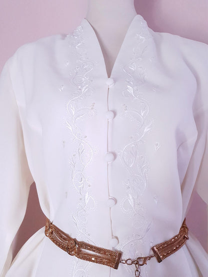 Elegant Vintage 1980s Oversized Cream Embroidered Top Blouse Shirt