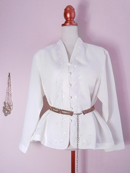 Elegant Vintage 1980s Oversized Cream Embroidered Top Blouse Shirt