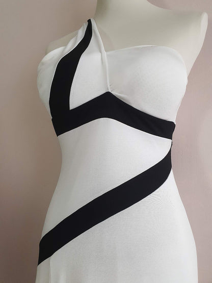 Vintage 1980s White and Black Evening Gown Dress - Size 8/10