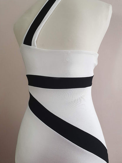 Vintage 1980s White and Black Evening Gown Dress - Size 8/10