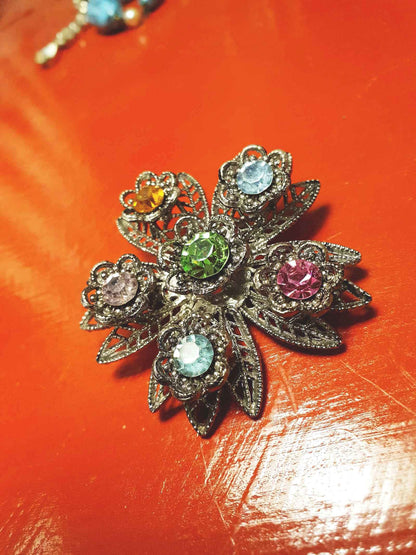 1980s Vintage Rhinestone Flower Brooch Filigree Victorian Revival
