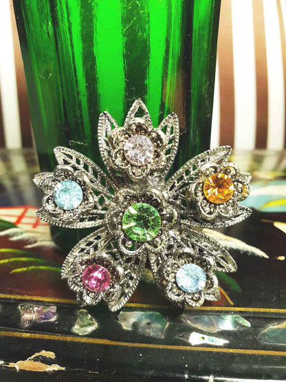1980s Vintage Rhinestone Flower Brooch Filigree Victorian Revival