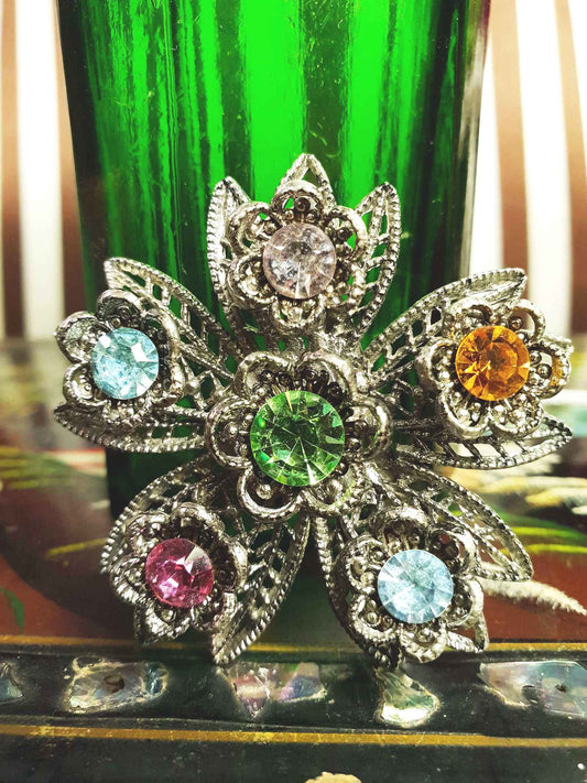 1980s Vintage Rhinestone Flower Brooch Filigree Victorian Revival