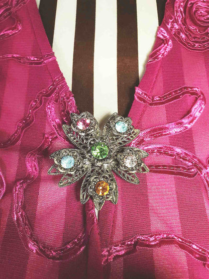 1980s Vintage Rhinestone Flower Brooch Filigree Victorian Revival