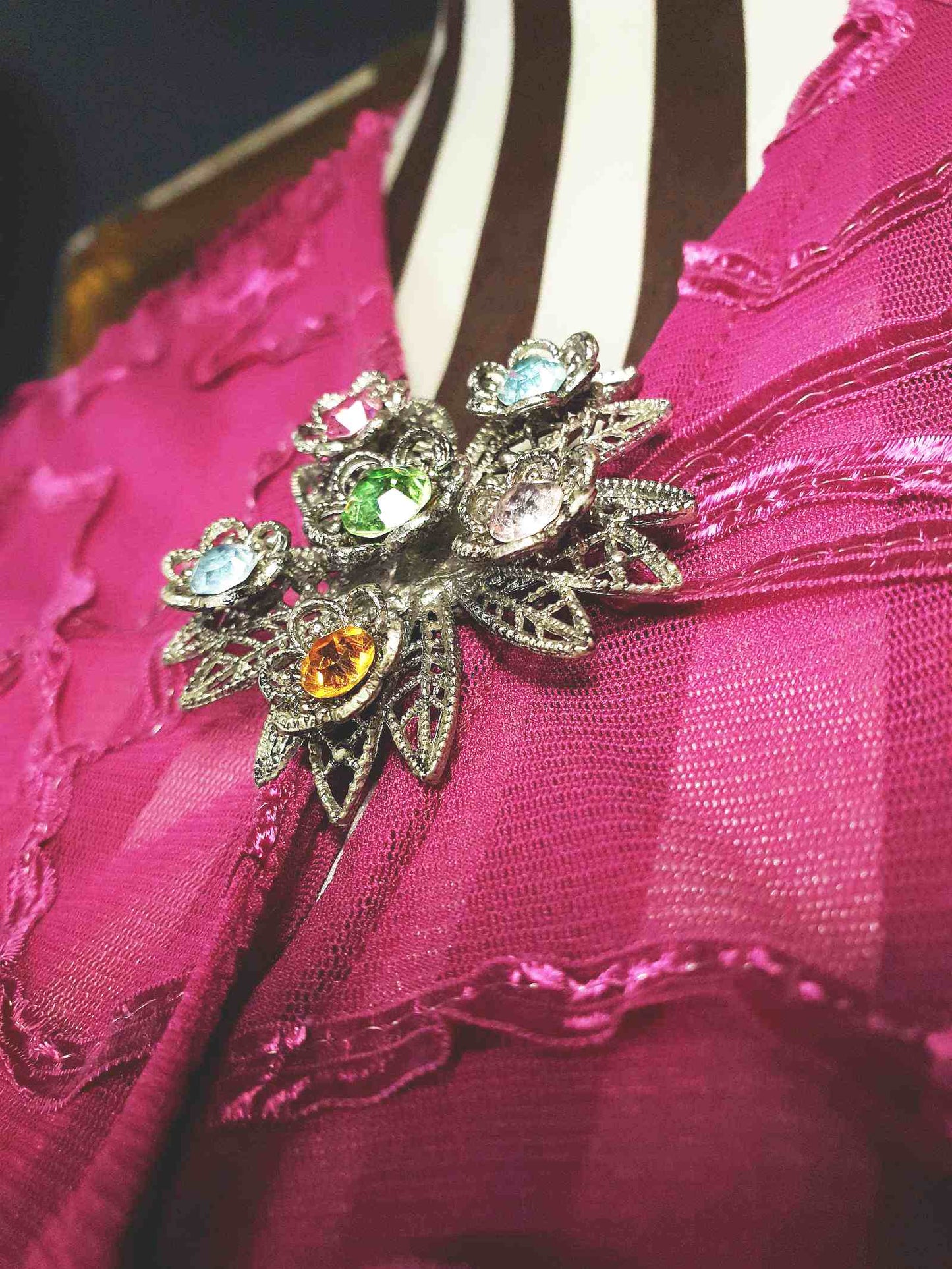 1980s Vintage Rhinestone Flower Brooch Filigree Victorian Revival