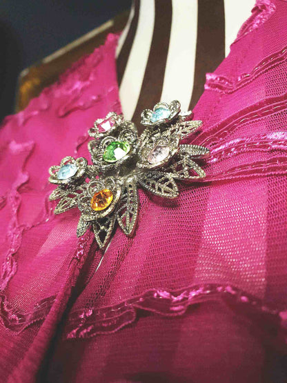 1980s Vintage Rhinestone Flower Brooch Filigree Victorian Revival