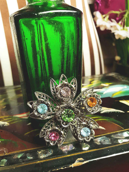 1980s Vintage Rhinestone Flower Brooch Filigree Victorian Revival