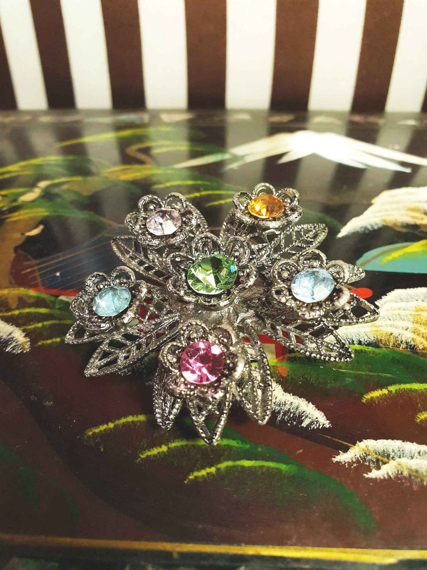 1980s Vintage Rhinestone Flower Brooch Filigree Victorian Revival