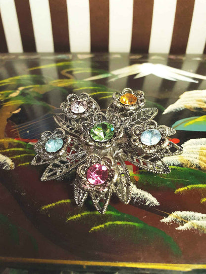 1980s Vintage Rhinestone Flower Brooch Filigree Victorian Revival