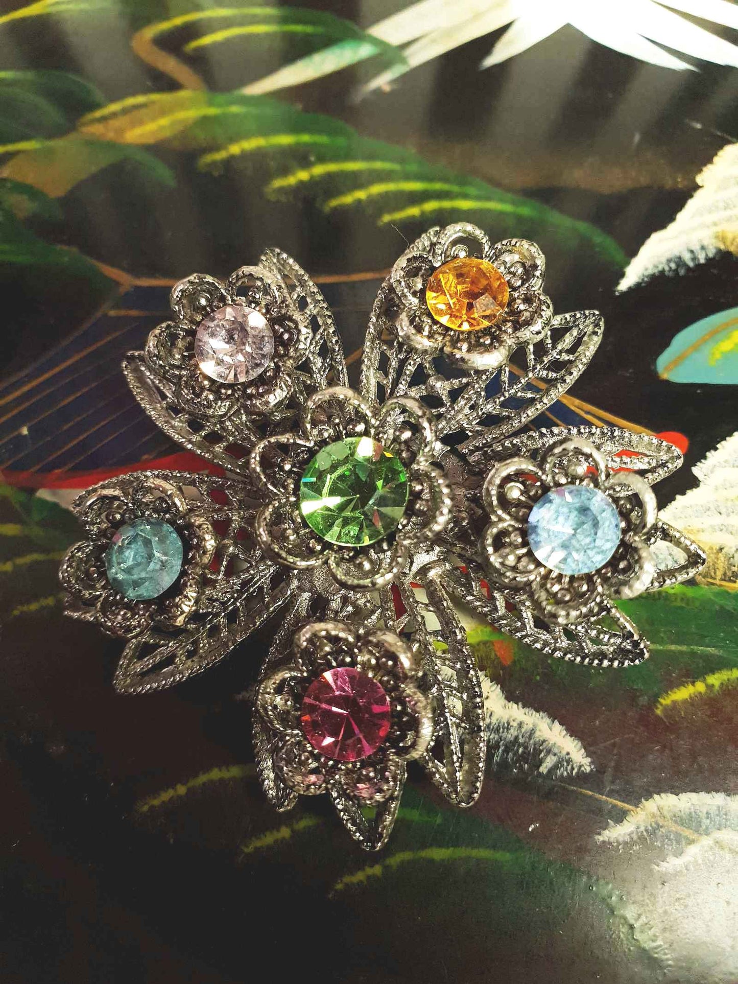 1980s Vintage Rhinestone Flower Brooch Filigree Victorian Revival