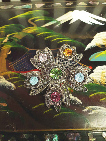 1980s Vintage Rhinestone Flower Brooch Filigree Victorian Revival