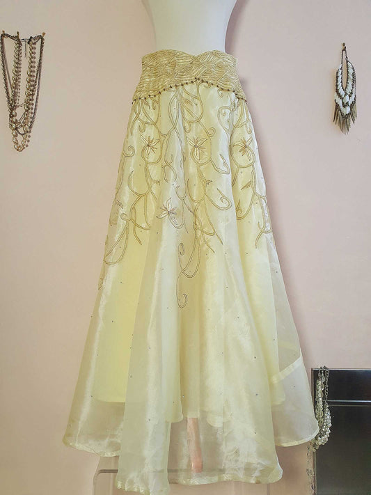 Vintage Pale Yellow Organza Flower Embroidered Skirt Sequins Floral 1980s  - Size 12
